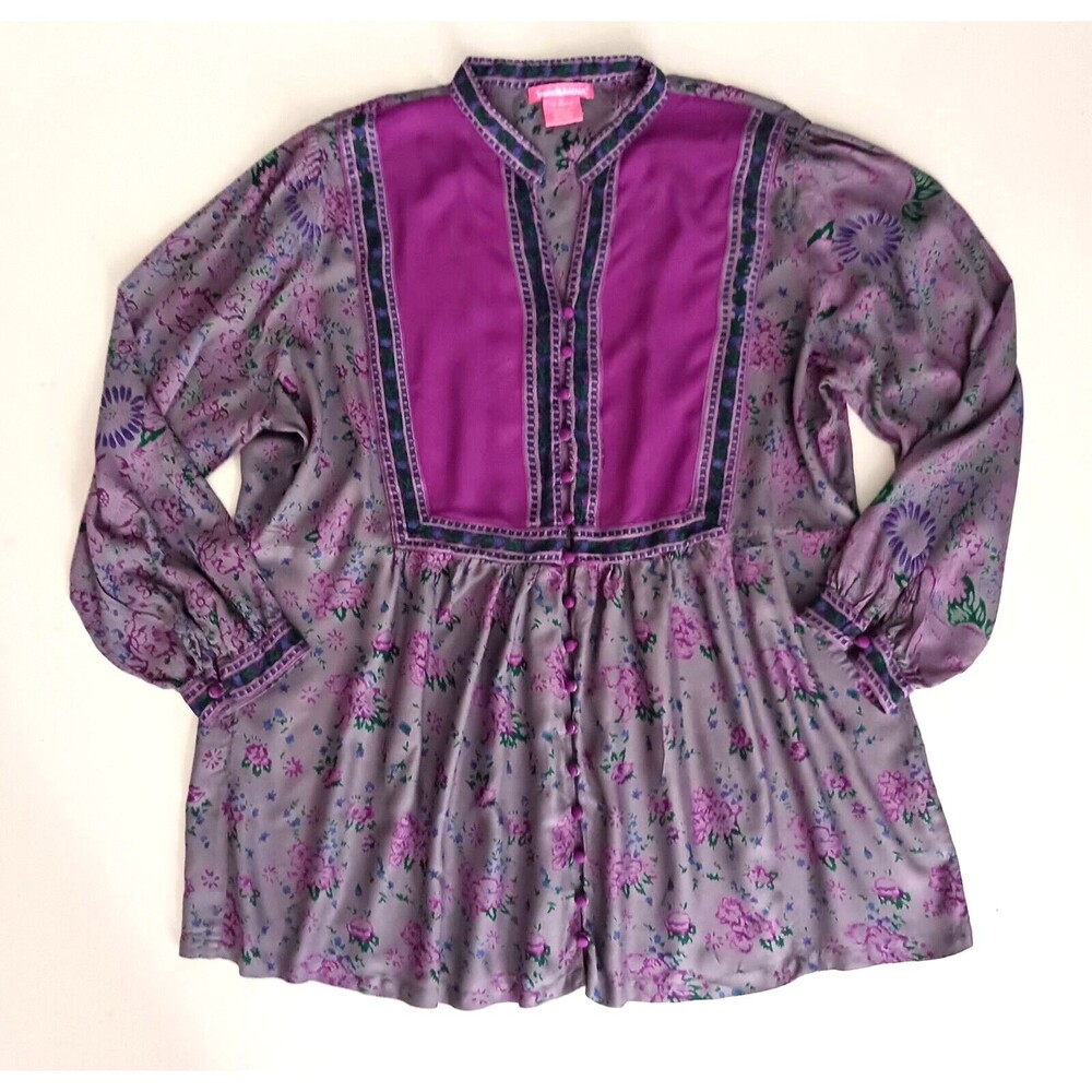 Woman Within Boho Top Rich Violet & Gray Floral Print L/S Sz 1X